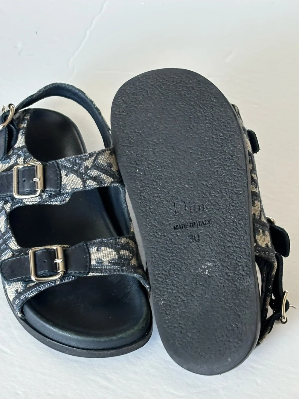 Dior Kids Dark Blue and Beige Logo Buckle Sandals